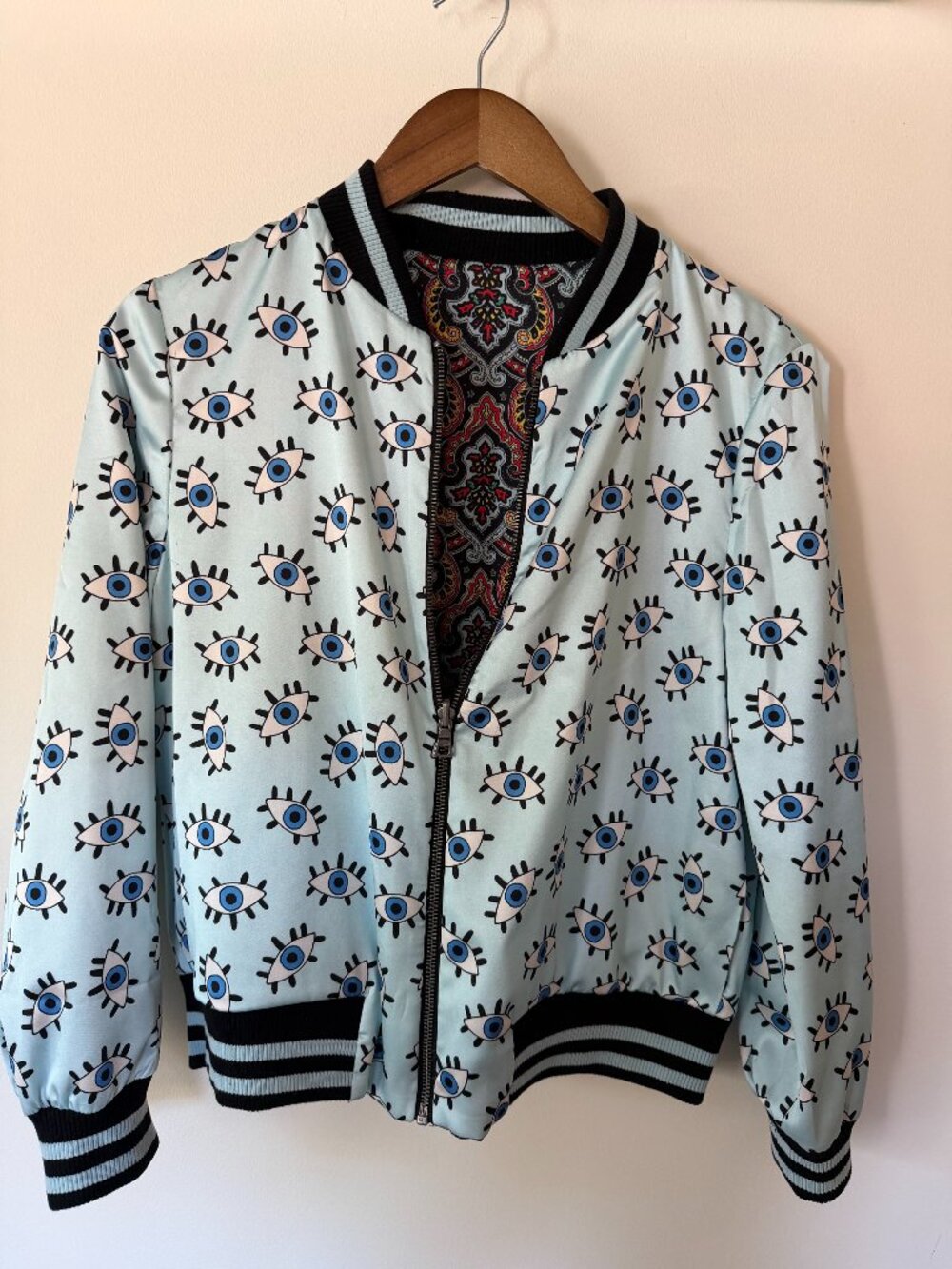 NWOT Alice + Olivia Lonnie Reversible Blue Eye/Paisley Bomber Jacket, Size Small